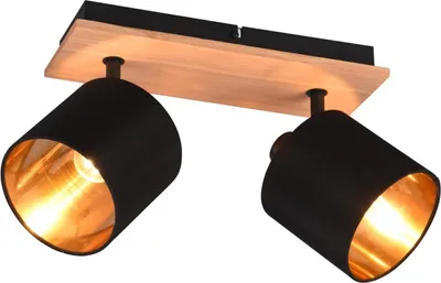 Produktbild von lightling Strahler Benny mit Stoffschirm schwarz matt und Innenseite in Farbe Gold. Korpus Metall schwarz und Holz, Höhe: 19 cm. Breite 30 cm