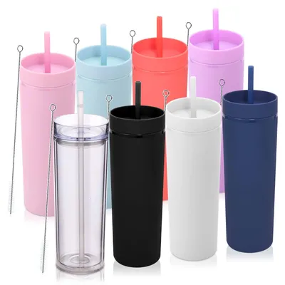 Immagine prodotto di Bicchieri da bevanda da 550 ml, confezione da 8 pezzi, con coperchio e cannuccia, in plastica a doppia parete, ideali per feste