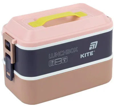 Zdjęcie produktu dla Lunchbox podwójny ze sztućcami śniadaniówka różowa z uchwytem 2000 ml Kite