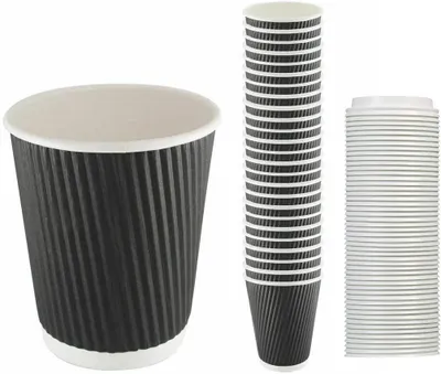 Papierbecher 360 ml, 100 Stück, schwarz, mit Deckel, für heiße Getränke