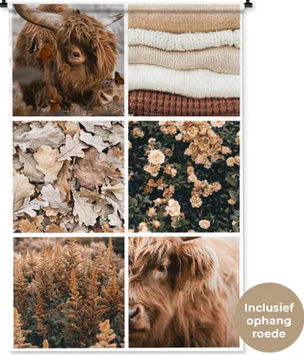 Produktbild von MuchoWow® Wandteppich Wandbehang Schottisches Hochlandrind - Herbst - Collage 120x180 cm Tapisserie Dekoration Wandtuch - Schlafzimmer - Dekorationen für das Haus