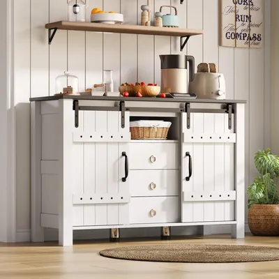 Produktbild von Kommode mit 3 Schubladen und Schiebetüren, Sideboard Weiss, 120x40x80cm