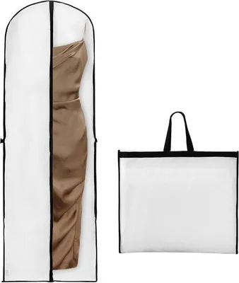 Image de Housse Unyqoos® pour robes de mariée, robes de soirée et longs manteaux – 180 x 60 cm, en PEVA respirant, de couleur blanche, pliable, avec fermeture éclair et poignée de transport