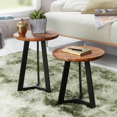 Produktbild von FineBuy Beistelltisch-Set FB52705 Sheesham Satztisch Holz Metall Couchtische Industrial Stil Echtholz Hocker Wohnzimmer Holztische Sofatische