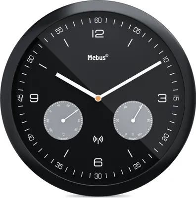 A black wall clock with a modern design, featuring two analog gauges for temperature and humidity, and a wireless symbol.