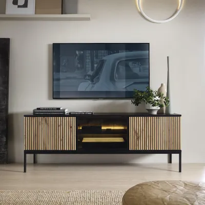 Produktbild von Modernes Geriffeltes TV-Board LAGOS RTV3D Schwarz Eiche Wotan LED Metallfüßen Fernsehtisch Lowboard