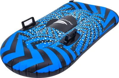 A blue and black inflatable snow tube with a white speckled pattern and handles, isolated on a white background.