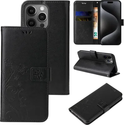 Produktbild von Handyhülle für Apple iPhone 15 Pro Max Floral Blumen Schmetterling Flip Cover Hülle Case Klapphülle Handytasche Farbe: Schwarz