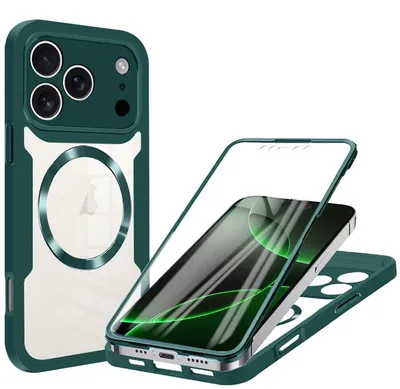 Image de Coque en acrylique et TPU 360 degrés pour Apple iPhone 17 Pro avec anneau MagSafe, couleur verte