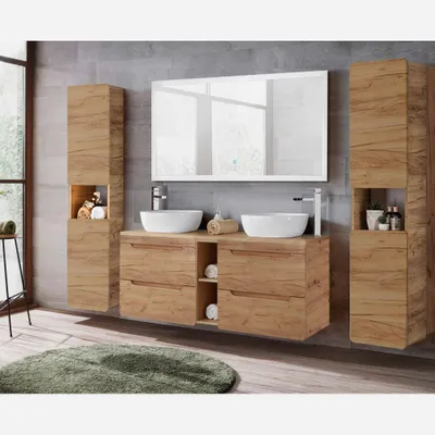 Produktbild von Badmöbel Komplett Set mit 141 cm Doppel-Waschtisch LUTON-56-CRAFT, Wotan Eiche Nb., B/H/T ca. 240/200/46 cm