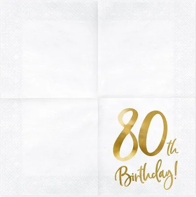 Produktbild von Servietten 80.Geburtstag 33x33cm 20 Stück weiß gold
