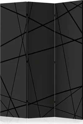 A three-panel room divider with a dark gray background and a pattern of intersecting black lines.