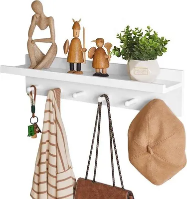 Produktbild von Holzhakenleiste – Wandregal-Organizer – Aufbewahrung für den Eingangsbereich – Massivholz – 60 cm – Weiß