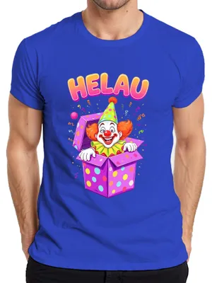 Productafbeelding van HELAU Carnaval, clown, cadeaubox, confetti, rode neus, grappig, heren T-shirt, blauw, XXL
