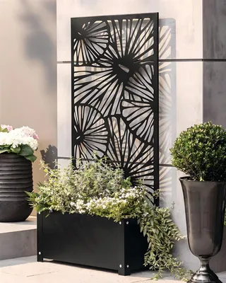 Produktbild von Pflanzkasten mit Rankgitter aus Metall, schwarz, 60x24x24 cm, mit Rankhilfe 122 cm hoch, Blumenkasten mit Spalier, Hochbeet mit Sichtschutz