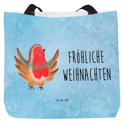 Produktbild von Mr. & Mrs. Panda Tote Bag Rotkehlchen Weihnachten - Eisblau - Geschenk, Stoffbeutel, Weihnachtsgruß, Tragebeutel, Winter, Heiligabend, Reisetasche, Weihnachtsmotiv, Frohe