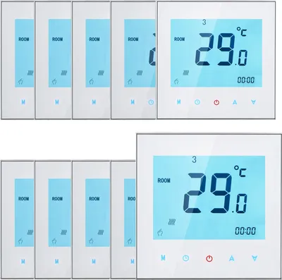 Multiple white digital thermostats with blue screens are displayed in two rows.