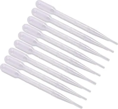 Obrázok produktu pre Plastové pipety, objem 2 ml, 100 kusov, dĺžka 15,5 cm, vhodné do laboratórií a pre maliarske účely