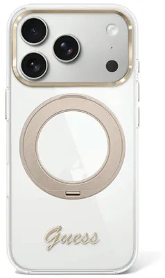 Immagine prodotto di Custodia per iPhone 18 Pro / 17 Pro, Guess IML, supporto ad anello a 360°, logo metallico "Script", con tecnologia MagSafe, trasparente