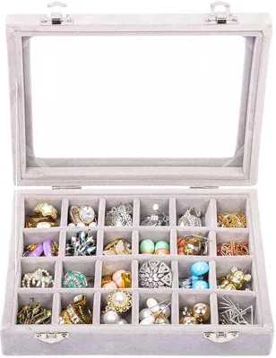 Immagine prodotto di Uniqoos® Elegante scatola portagioie grigia con coperchio in vetro – legno e velluto, 24 scomparti, inserti regolabili, 20,2 x 15,1 x 4,6 cm