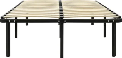 A black metal bed frame with wooden slats, shown from a side angle against a white background.