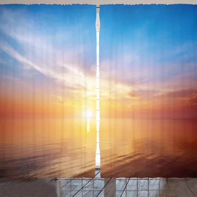 Produktbild von ARANDE Sonnenaufgang Gardine, Magischer Horizont-Meerblick-Bucht-Ozean-Küstencharme-Himmel-ruhiges Sommer-Bild, 280 x 245 cm, Orange und Blau