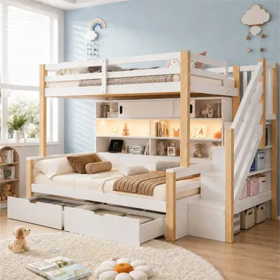 Productafbeelding van MODFU Etagebed 90x200, kinderbed met trap met opbergruimte, hoogslaper met LED-verlichting, bed met schuifdeuren en opbergruimte, massief hout, zonder matras, wit/naturel