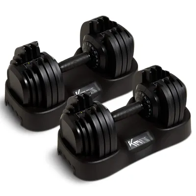 Image de KM-Fit : Ensemble de 2 haltères réglables, poids de 25 kg par haltère, 18 niveaux de poids, mécanisme de rotation à une main, système de blocage sécurisé, en fonte, idéal pour une salle de sport à domicile avec base