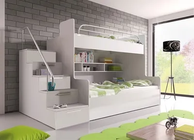 Produktbild von Etagenbett TOMI 2 , Doppelstockbett Hochglanz Kinderbett Hochbett , MIT Matratze und Lattenrost (Weiss / Weiss, Treppenseite: LINKS)