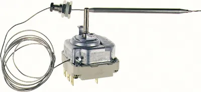 A thermostat regulator with a coiled wire and a metal probe, isolated on a white background.