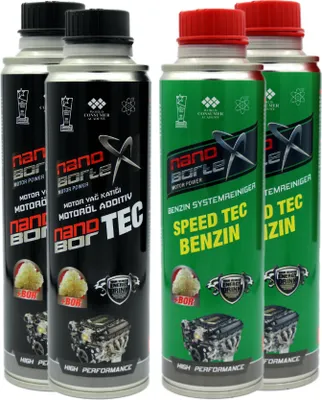 Produktbild von NanoBorTeX Motor-Power BOR 2x Öl Additiv + 2x Benzin Zusatz Motorschutz Verschleißschutz Das ORIGINAL!! Motorbeschichtung mit BOR Diamanten