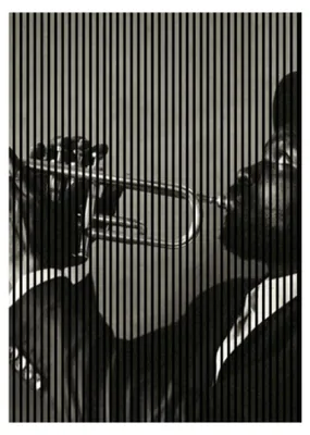 Produktbild von Akustikpaneele mit Digitaldruck Jazz01 19 x 1693 x 2400 mm Jazz Trompete Musiker MDF PET-Fasern Wandpaneele Schwarz Weiß 3 Einzelplatten