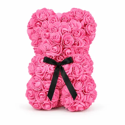 Produktbild von Rosenbär 25 cm – Teddybär aus Rosen mit Schleife, ewige Kunstrosen, romantisches Geschenk für Freundin & Valentinstag – Rosa