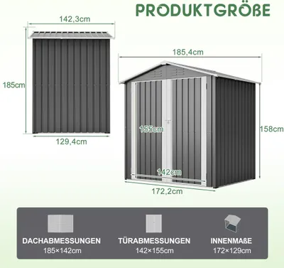 Zdjęcie produktu dla Szopa narzędziowa metalowa 185.4 x 142.3 x 185 cm z otworami wentylacyjnymi, fundamentem metalowym, zamykanymi drzwiami, odporna na warunki atmosferyczne, szara