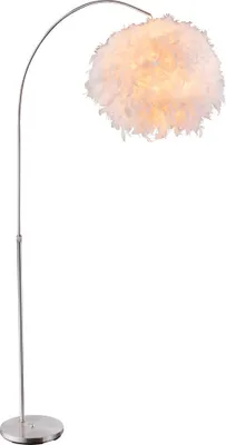 A floor lamp with a white feather lampshade and a silver stand.