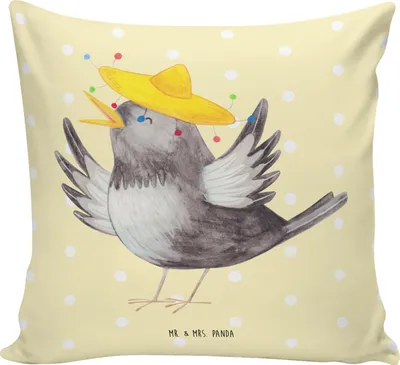 Produktbild von Mr. & Mrs. Panda Dekokissen 40x40 Rabe Sombrero - Gelb Pastell - Geschenk, Motivation, Polster, Vogel, Vögel, kissen bedruckt, zier, Sofa, kuschelkissen, Elster
