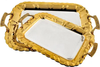Immagine prodotto di set di 2 vassoi da portata in acciaio inossidabile 18/10 di alta qualità - la funzionalità incontra l'eleganza Motivo 11 argento/oro