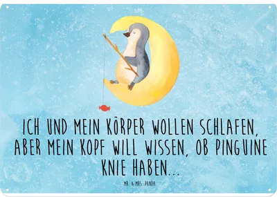 Produktbild von Mr. & Mrs. Panda tafel Pinguin Mond DIN A4 - Eisblau - Geschenk, Schild, Pinguine, Schlafzimmer, Türschild, Blechtafel, Wandbild, Nachtruhe, Deko Blechschild, Neugierig