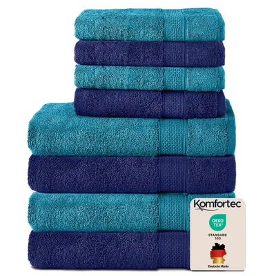 Produktbild von Komfortec 8er Handtuch Set aus 100% Baumwolle, 4 Badetücher 70x140 und 4 Handtücher 50x100 cm, Frottee , Weich,Groß, Navyblau/Turkis