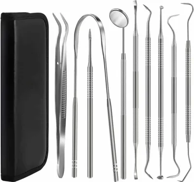 Obrázek produktu pro Zubařské nástroje, 9 balení profesionální sada pro hygienu zubního kamene z nerezové oceli, odstraňovač zubního kamene a sada párátek schválená zubním lékařem pro osobní nebo zvířecí ústní péči