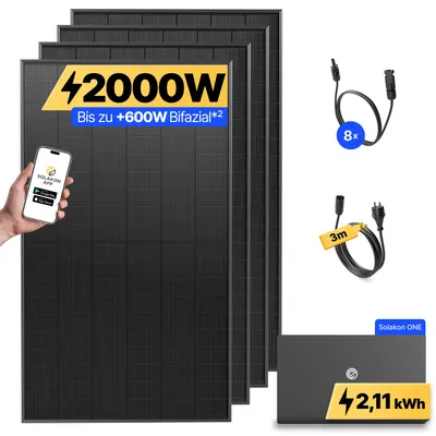 Produktbild von 2000W Balkonkraftwerk mit Speicher Solakon ONE (2,11 kWh) Solaranlage Steckerfertig WIFI Komplettset Photovoltaik Anlage 800W, Kabellänge: 3m