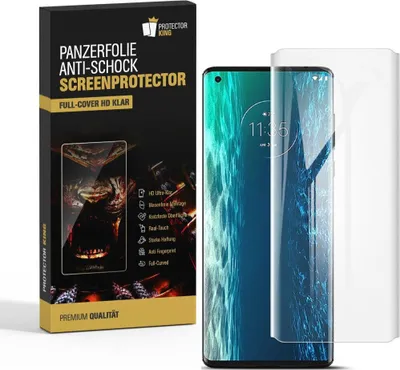 A product box for a screen protector is shown next to a smartphone with a screen protector applied.