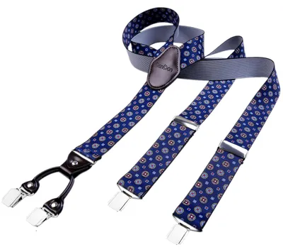 Produktbild von DonDon Herren Hosenträger 3,5 cm breit 4 Clips mit braunem Leder in Y-Form elastisch und längenverstellbar - dunkelblau mit Muster