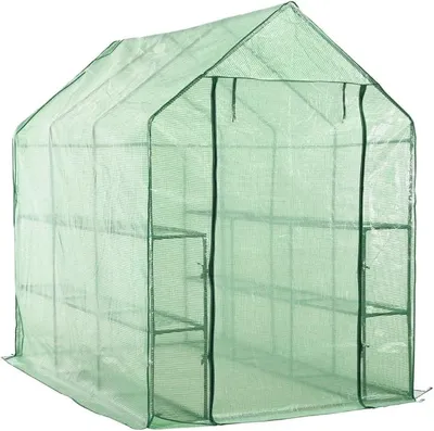 Produktbild von Begehbares Gewächshaus mit 12 Regalen, pulverbeschichteter Stahlrahmen, 143 x 214 x 196 cm, grünes Treibhaus für Anzucht, Pflanzenschutz, Überwinterung, Gemüse, Kräuter und Balkon