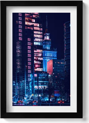 Produktbild von Warschau bei Nacht– Wandbild mit Rahmen – Gerahmtes Bild  – Wanddekoration – 20x30 cm – Schwarz
