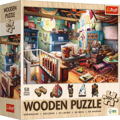 Obrázok produktu pre PUZZLE 500+1 Drevená skladačka "Poklady na streche" 20220