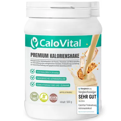 A white plastic tub of CaloVital Premium Kalorienshake powder with a label showing product details and a visual representation of the shake.