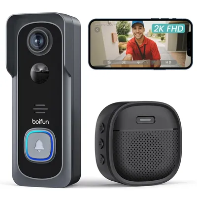 Image de Sonnette vidéo Wi-Fi BOIFUN avec caméra, sonnette sans fil HD 2K avec caméra, compatible Alexa, vision nocturne, détection de mouvement PIR, audio bidirectionnel