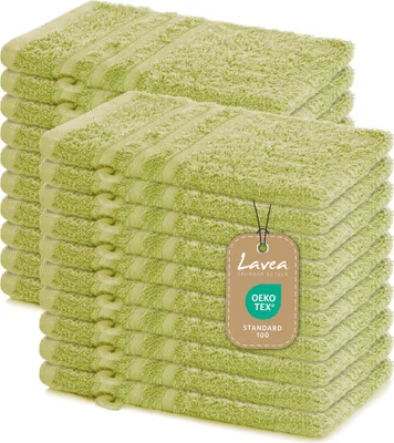 Produktbild von Lavea® 20er Waschhandschuh Set Elena, 100% Baumwolle Frottee, Waschlappen saugstark & weich, für Körper und Gesicht, 60 °C, trocknergeeignet, Lindgrün, 15 x 21 cm
