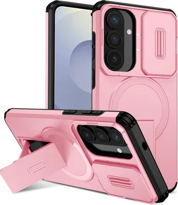 Obrázek produktu pro Magnetické pouzdro pro Samsung Galaxy S26+, dvouvrstvé odolné pouzdro s posuvnou ochranou fotoaparátu a nastavitelným stojánkem Růžová